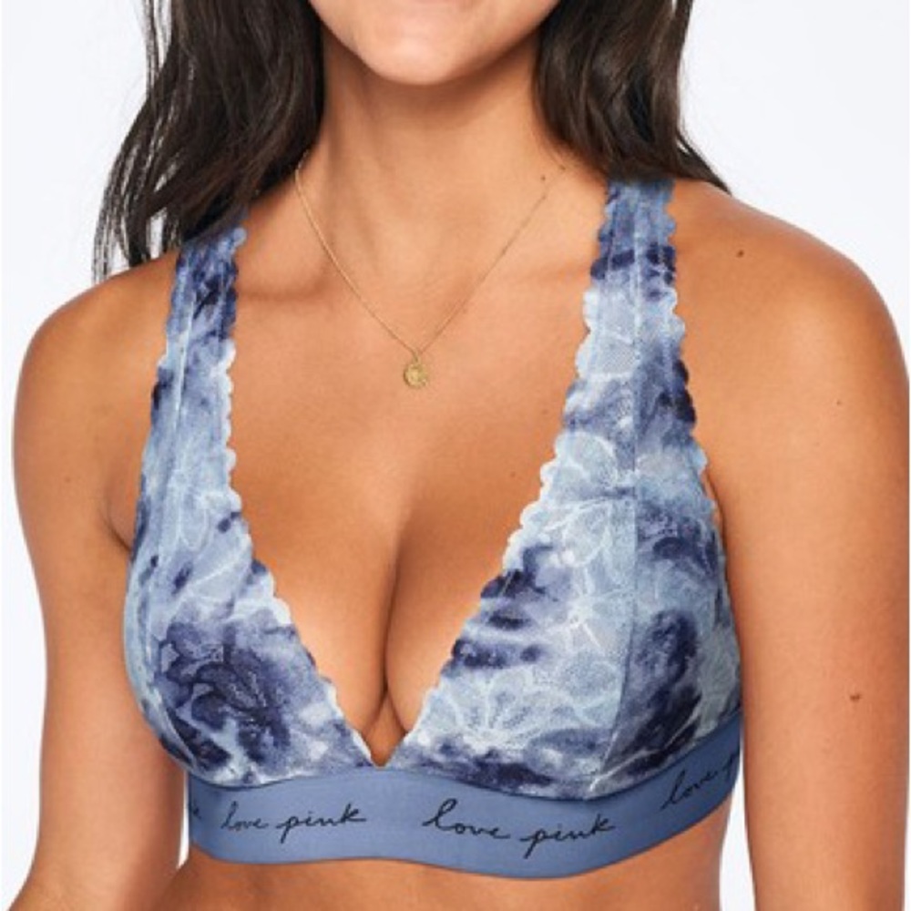 PINK Victoria's Secret Women's Blue Love Pink Padded Tback Lace Bralette Small